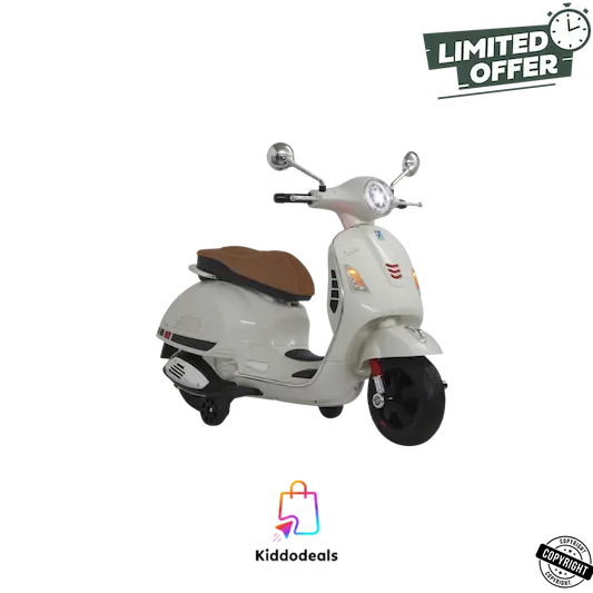 Electric Vespa Ride-On Scooter for Kids - 12V Battery-Powered Toy - LED Lights - Music - White